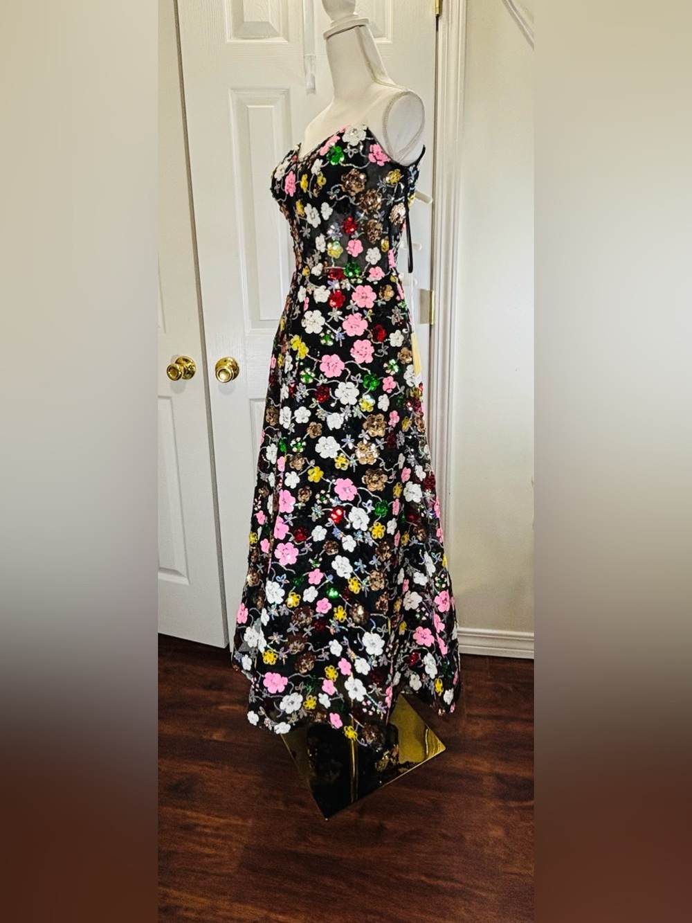 COUTURE LEE Strapless Garden In Bloom Floral Sequin Midi Black/Multi Sz 12 #3701 - Picture 6 of 16
